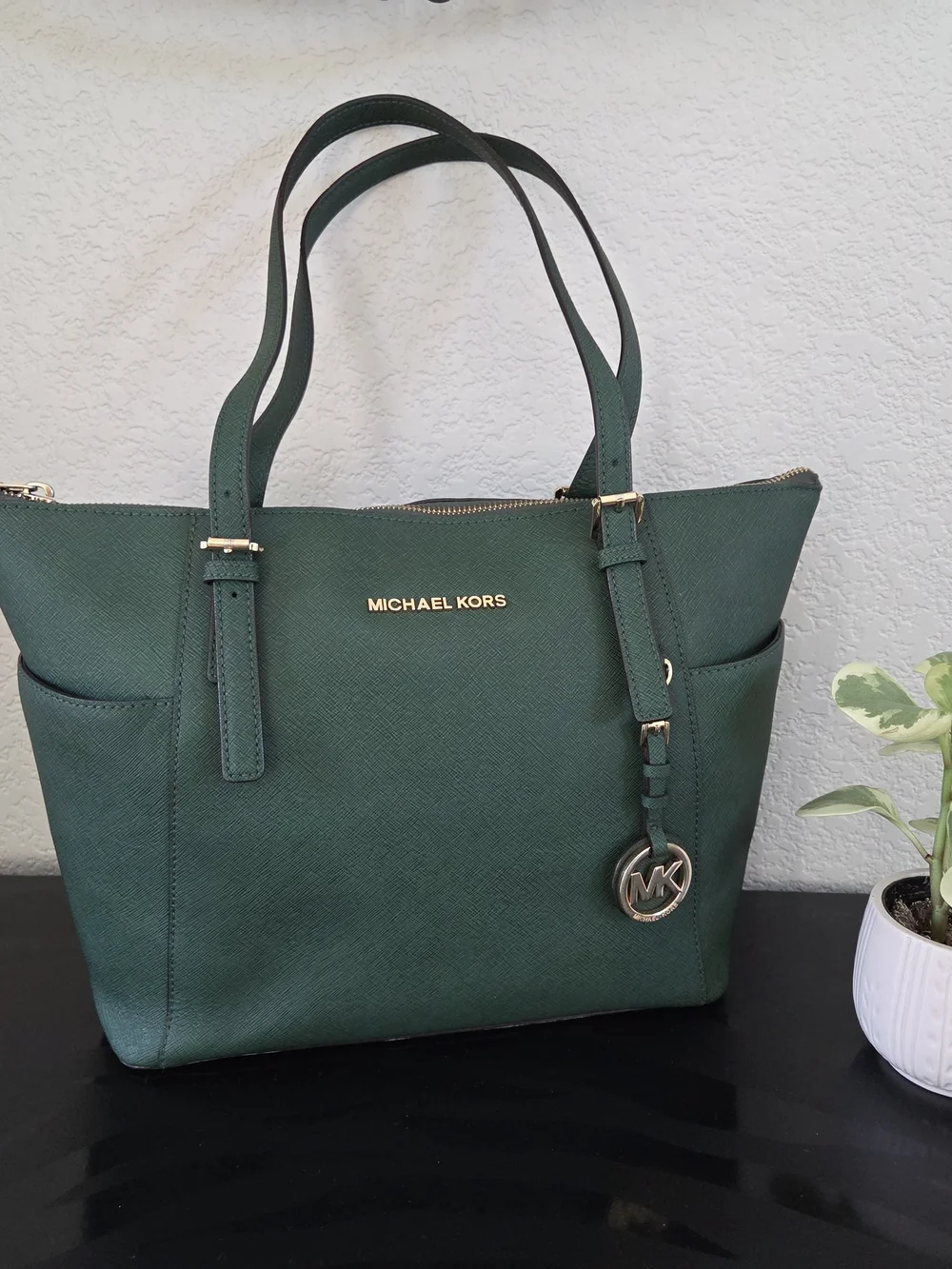 Michael Kors Emerald Green Saffiano Leather Tote with Gold Hardware